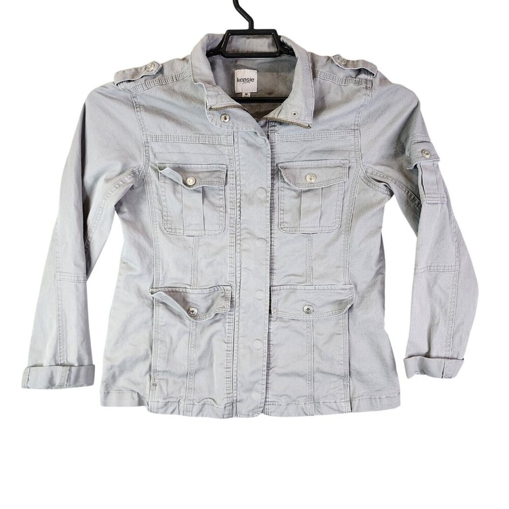 Womens Kensie Jeans Gray Full Zip & Snap Button Jacket Canvas Military Size M